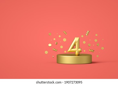 Happy 4th birthday number with festive confetti and spiral ribbons on a golden podium. 3D Render