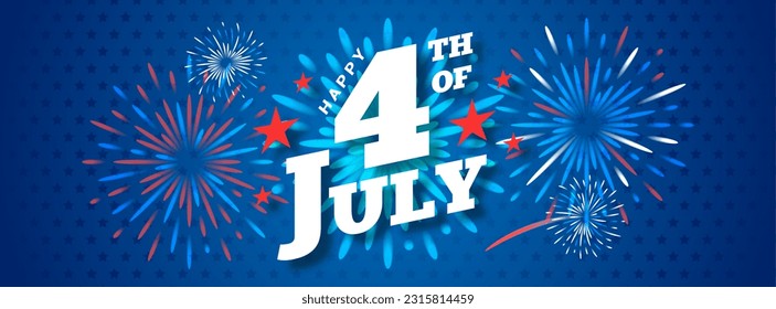 Happy 4th of July Banner illustration. Fireworks celebrations on blue star pattern background.	 - Powered by Shutterstock