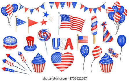 Happy 4th of July USA Independence Day elements set with american national flag, sweets, balloons, hand lettering text design. Celebration party Poster, Banner for sale, advertisement, web template.