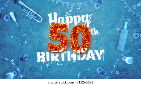 Happy 50th Birthday Card with beautiful details such as wine bottle, champagne glasses, garland, pennant, stars and confetti. 3D design for printed cards and social media. - Powered by Shutterstock