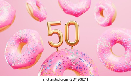 Happy 50th birthday celebration background with pink frosted donuts. 3D Rendering. 3D Illustration - Powered by Shutterstock