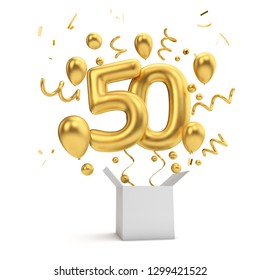 Happy 50th birthday gold surprise balloon and box. 3D Rendering - Powered by Shutterstock