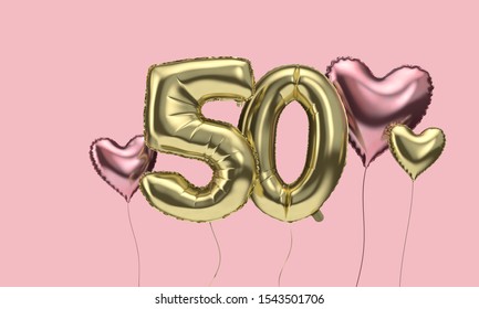 Happy 50th birthday party celebration balloons with hearts. 3D Render - Powered by Shutterstock