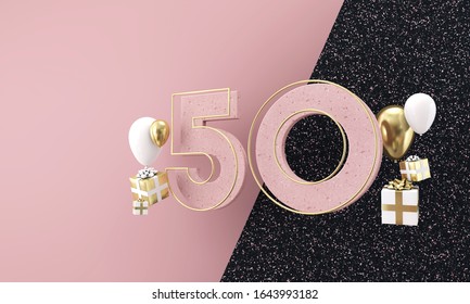 Happy 50th Birthday Party Celebration. Modern Marble Composition 3D Render