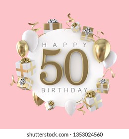 Happy 50th birthday party composition with balloons and presents. 3D Render - Powered by Shutterstock