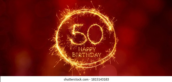 Happy 50th Birthday. Sparkling burning lettering Happy 50th Birthday on red festive background. Beautiful wide angle holiday greeting card, billboard and Web banner - Powered by Shutterstock