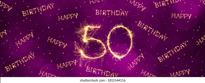 Happy 50th Birthday. Sparkling burning lettering Happy 50th Birthday on purple festive background. Beautiful Creative wide angle holiday greeting card, billboard and Web banner - Powered by Shutterstock