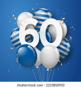 Happy 60th birthday with blue balloons greeting card background. 60 years anniversary. 60th celebrating with confetti. "Illustration stock" - Powered by Shutterstock