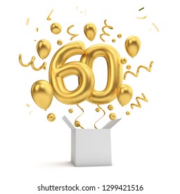 Happy 60th birthday gold surprise balloon and box. 3D Rendering - Powered by Shutterstock