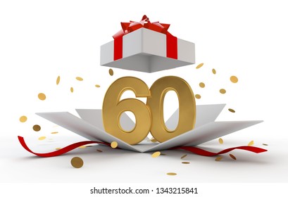 Happy 60th Birthday Gold Surprise Boxwith Red Ribbon. 3D Rendering