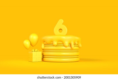 Happy 6th Birthday Celebration Cake With Present And Balloons. 3D Rendering