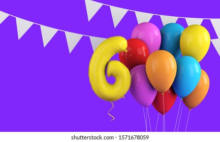 Happy 6th Birthday Colorful Party Balloons And Bunting. 3D Render