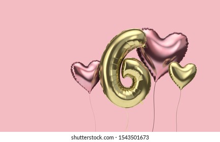 Happy 6th Birthday Party Celebration Balloons With Hearts. 3D Render