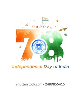 Happy 78th Independence Day of India. Tricolor flag with Indian monuments and red fourt background. - Powered by Shutterstock