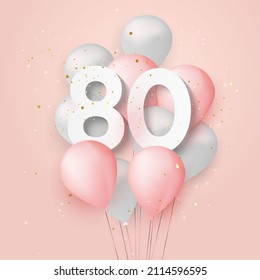 Happy 80th birthday balloons greeting card background. 80 years anniversary. 80th celebrating with confetti."Illustration stock"