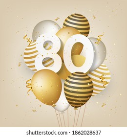 Happy 80th birthday with gold balloons greeting card background. 80 years anniversary. 80th celebrating with confetti. "Illustration 3D"