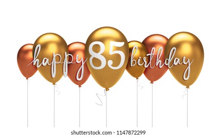 Happy 85th birthday gold balloon greeting background. 3D Rendering