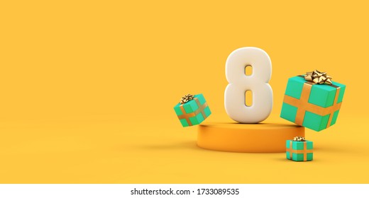Happy 8th birthday number and gifts on a yellow podium. 3D Render