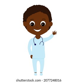 Happy African American Or African Boy In Doctor Clothes Waving Hello. Cute And Friendly Child. Illustrations Of The Types Of Profession For Kids.