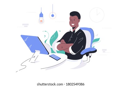 Happy african american businessman crossing hands using computer and smartphone. Concept black man character employee with modern digital technology in office. illustration. - Powered by Shutterstock