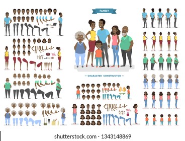 Happy African American Family Character Set For Animation With Various Views, Hairstyles, Face Emotions, Poses And Gestures. Front, Side And Back View. Isolated  Illustration In Cartoon Style