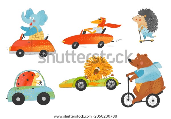 Happy animals driving in\
cars. Watercolor kids illustration. Funny characters. Animals\
clipart.