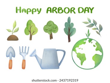 Happy Arbor Day card. postcard, banner with trees, green planet, garden tools, seedling and sprout. Ecology and care of nature - Powered by Shutterstock