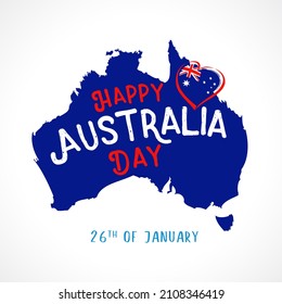 Happy Australia Day text and flag in heart. Illustration for 26th january, Australia day typography banner with national flag and Australian continent map