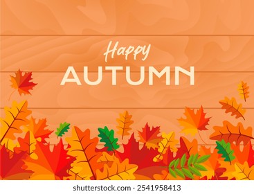 Happy autumn banner with colorful leaves on wooden background illustration. Wooden background frame with autumn colorful oak and maple leaves. Template for background, banner, card - Powered by Shutterstock