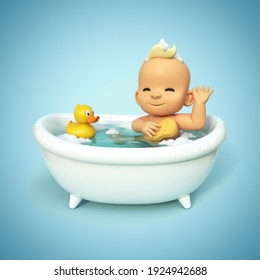 Happy baby taking a bath playing with rubber duck. Little child in a bathtub. Infant washing and bathing. Hygiene and care for young children 3d rendering - Powered by Shutterstock