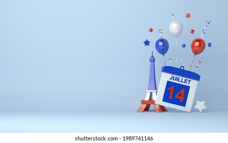 Happy Bastille Day decoration background with balloon 14 calendar date, eiffel tower confetti copy space text, 3D rendering illustration - Powered by Shutterstock