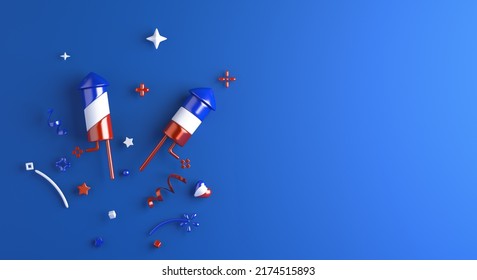 Happy Bastille Day, French National Day 14 of July decoration background with firework rocket flag, copy space text, 3d rendering illustration - Powered by Shutterstock