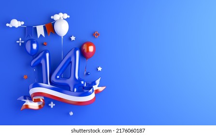 Happy Bastille Day, French National Day 14 of July decoration background with balloon ribbon waving flag, copy space text, 3d rendering illustration - Powered by Shutterstock