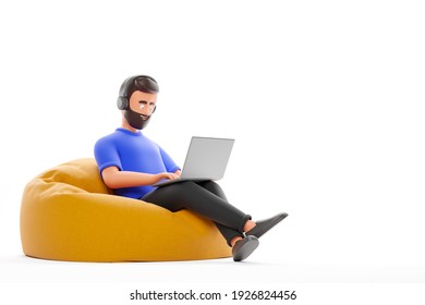 Happy beard cartoon character man in blue t-shirt and headphones work with laptop at yellow bean bag armchair isolated over white background. 3d render illustration.