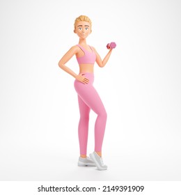 Happy beautiful blonde cartoon character woman pink sportswear posing with dumbbell isolated over white background. 3d render illustration. - Powered by Shutterstock