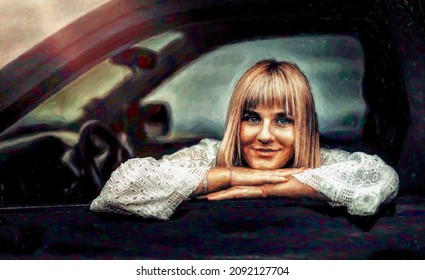 Happy Beautiful Woman In Black Car. Painting Effect.