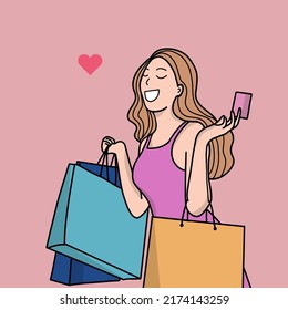 Happy Beautiful Woman Is Shopping With Shopping Bags In Hands During The Sale Or Discount With Credit Card. Hand Drawing Flat Illustration.