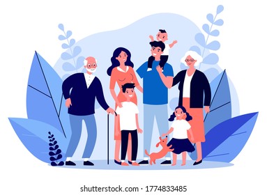 Happy big family standing together flat illustration. Grandma, grandpa, mom, dad, children, and pet. Smiling cartoon characters gathering in group. - Shutterstock ID 1774833485