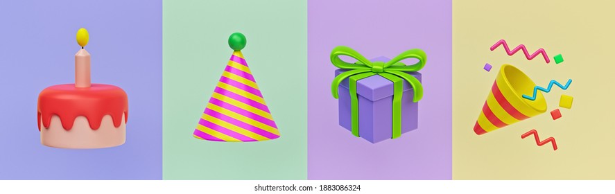 happy birthday 3d icons. birthday cake, hat, gift and Party Popper. minimal colorful design for greeting card. 3d rendering - Powered by Shutterstock