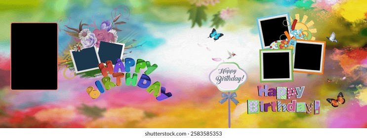 Happy Birthday Album Design collage editable template Put your photos into frames page size 12x36 inches