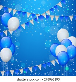 Happy Birthday With Balloons And Triangular Flags In Blue Background
