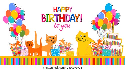 Happy Birthday Banner. Greeting card. Celebration white background with gift boxes, Balloons, cake, cats and place for your text. Horizontal banner. Greeting, invitation card or flyer. illustration
