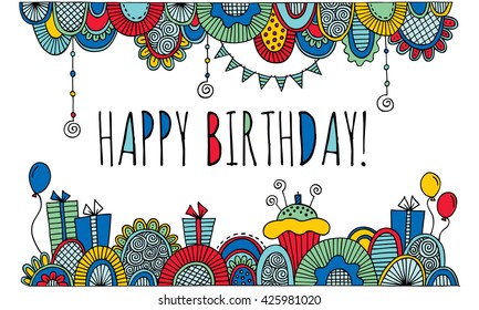 Happy Birthday with Border Bright Doodle Artwork
Colorful birthday illustration, the words happy birthday in the center, balloons, birthday cakes, candles, presents, bunting & shapes for boys & girls