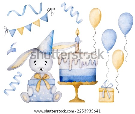 Happy Birthday cake for baby boy with cute bunny and baloons watercolor illustration for postcard design. Sweet desert and rabbit for family celebration aquarelle painting
