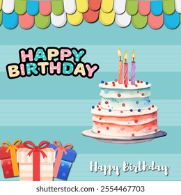 Happy Birthday Cake with Colorful Candles and Presents - Powered by Shutterstock