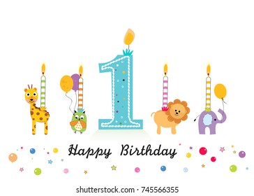 Happy birthday candle with animals. First birthday funny greeting card - Powered by Shutterstock