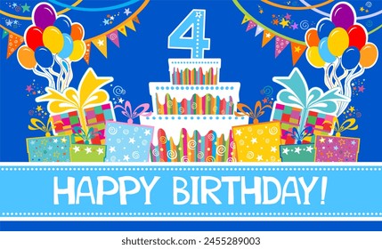 Happy birthday card. Celebration blue background with number four, Birthday cake, balloon, star and place for your text. Horizontal banner. Greeting, invitation card or flyer.  illustration  - Powered by Shutterstock