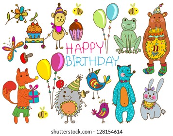 Happy birthday card, funny cartoon set with mouse, fox, bear, wolf, frog, hedgehog and hare - Powered by Shutterstock