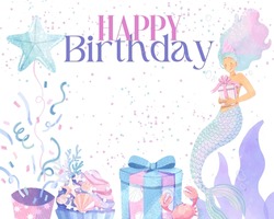 Happy Birthday Card With Mermaid Holding A Gift - Star Shaped Balloon, Coral, Stars, Cupcake, Confettis, Crab On White Background. Invitation Card.