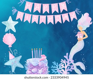 Happy birthday card with mermaid holding a gift - Shell and star shaped balloon, coral, stars. Invitation card. - Powered by Shutterstock